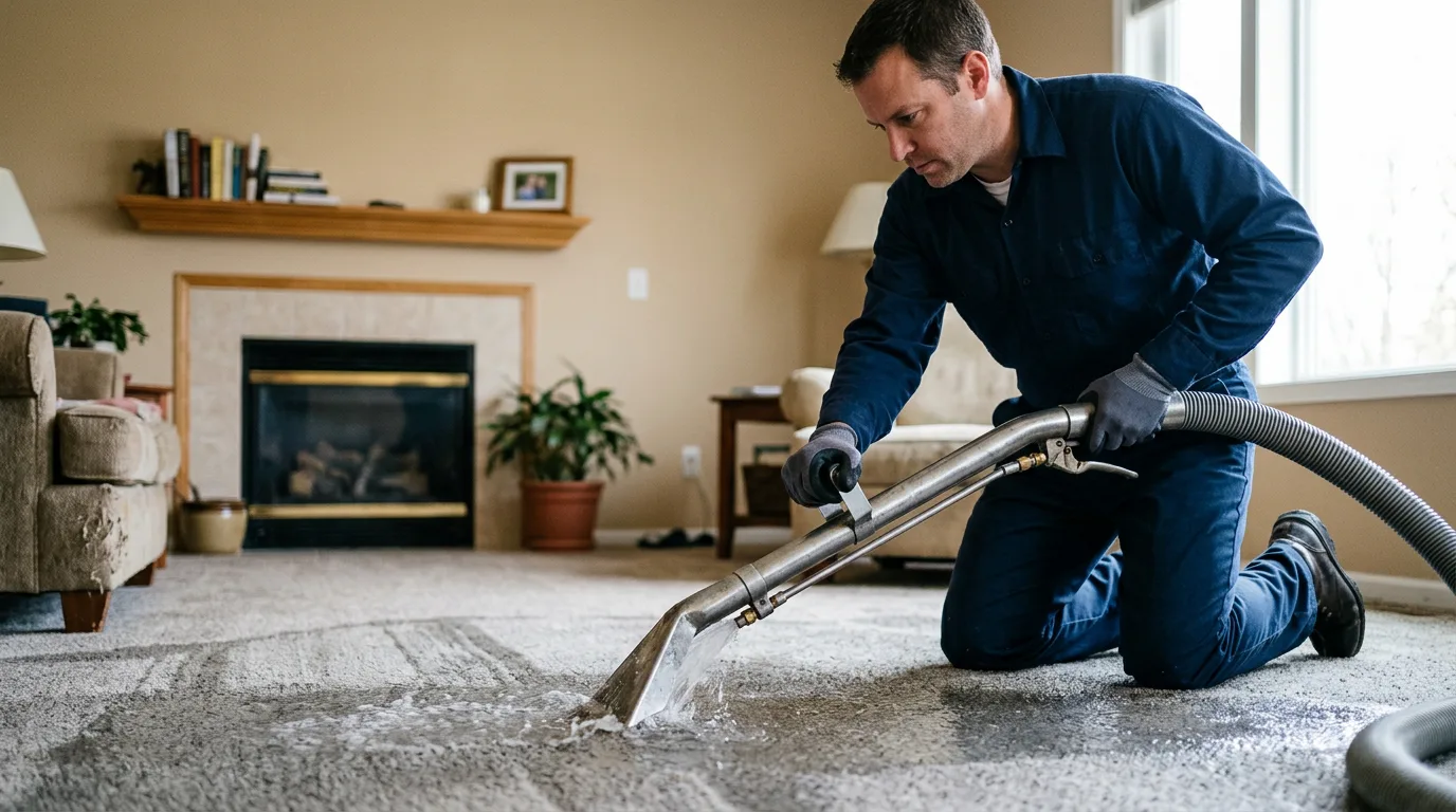 Water damage restoration technician working in a home in Arkansas
